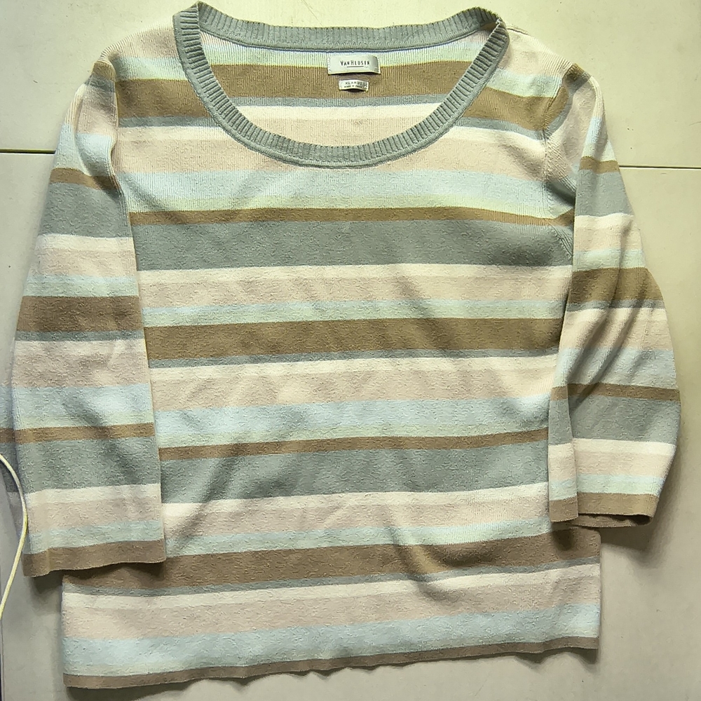 Van Huesen Light Blue, Beige & Cream Striped Women's Sweater 3/4 Sleeve